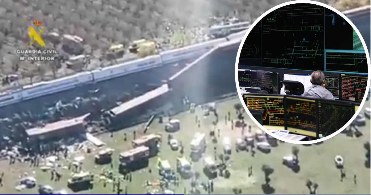Montaje del accidente y un centro de control ferroviario