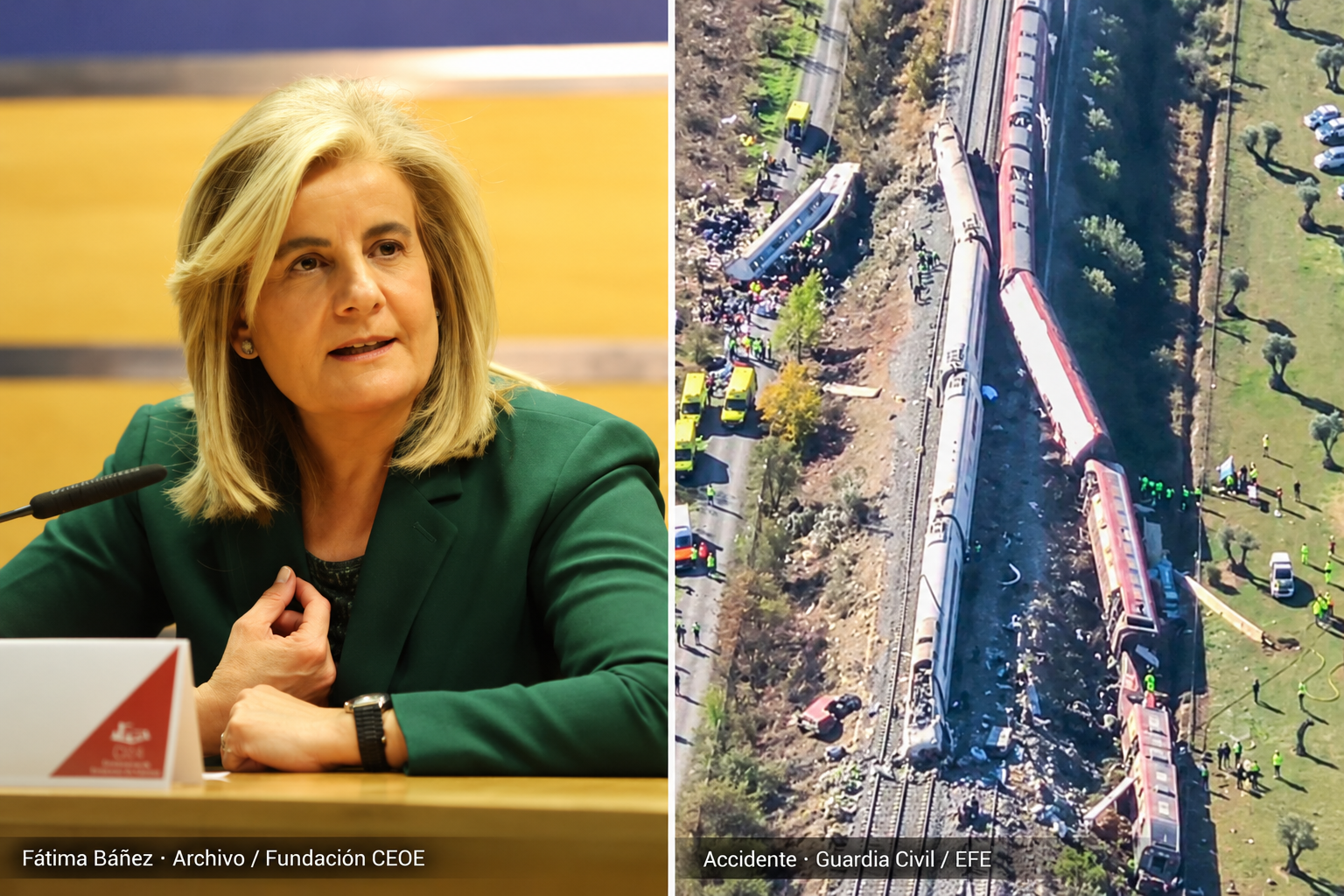Montaje editorial con Fátima Báñez en una foto de archivo y una vista del accidente