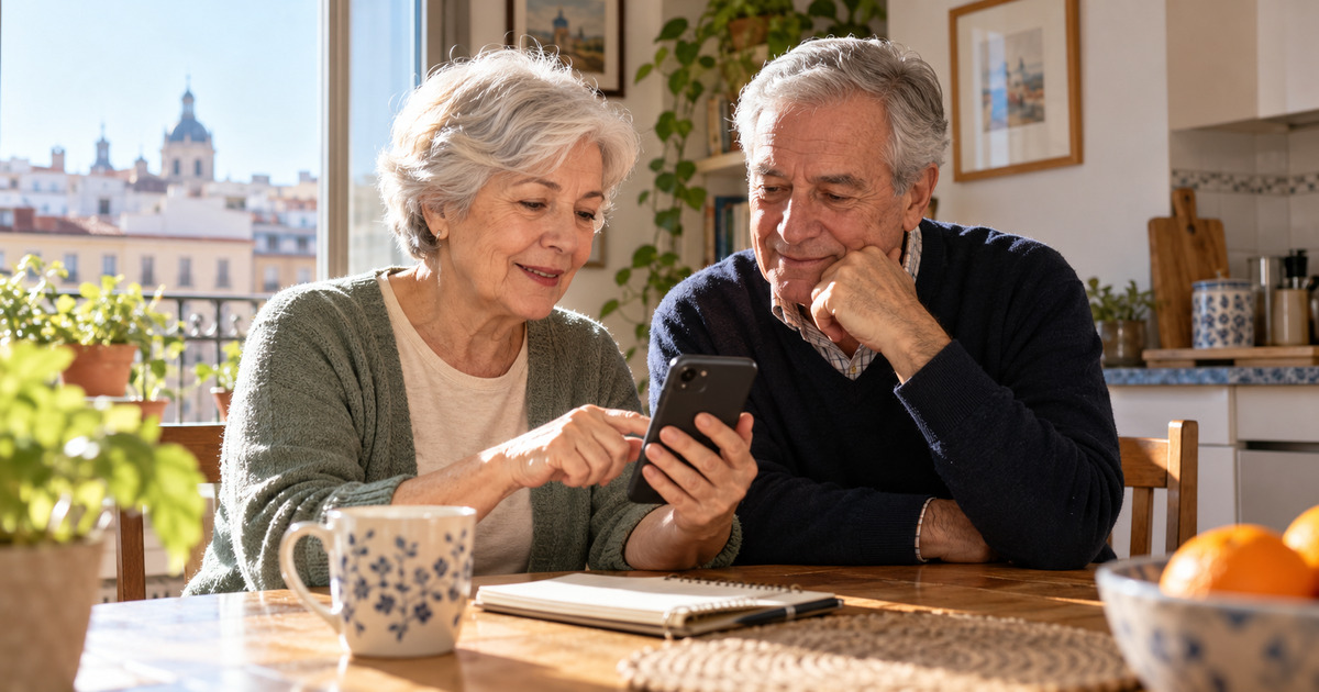 Ilustración generada con IA de dos personas mayores consultando un teléfono