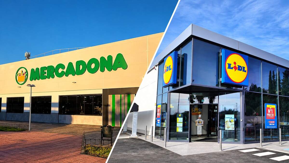 Montaje editorial de fotografías de archivo de Mercadona y Lidl